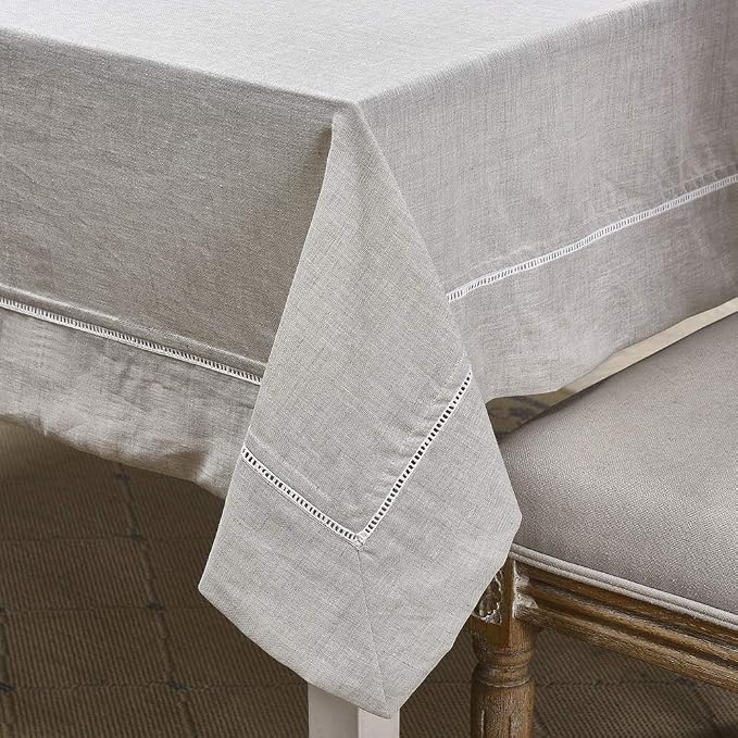 Simple&Opulence Premium 100% Linen Hemstitch Tablecloth-60 x 84 Inch Natural Linen, Natural Fabric, Rectangular Tablecloth for Indoor and Outdoor Use