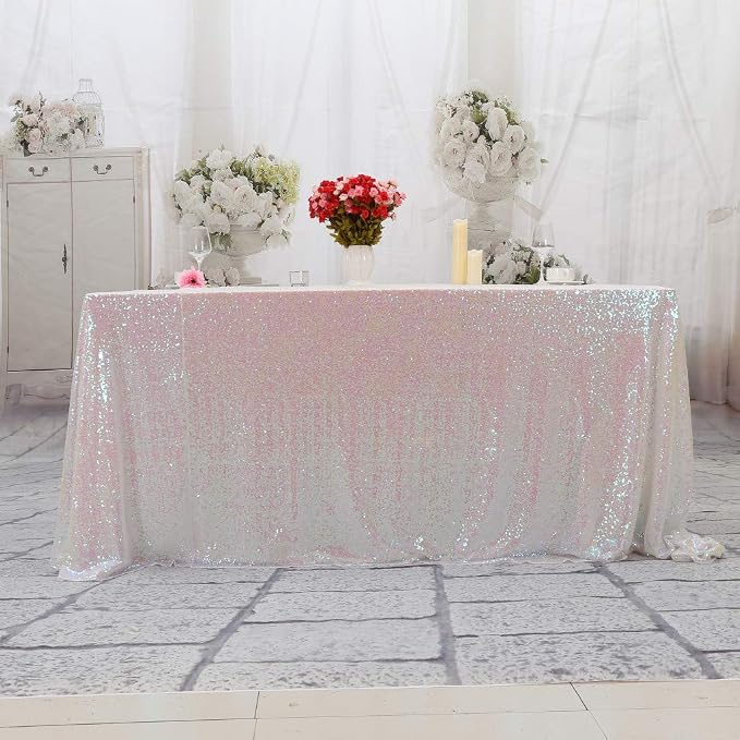 Juya Delight White Iridescent 60" x 102" Rectangle Sequin Tablecloth for Party Dinner Banquet Festival Wedding Anniversary Exhibition Dessert Table