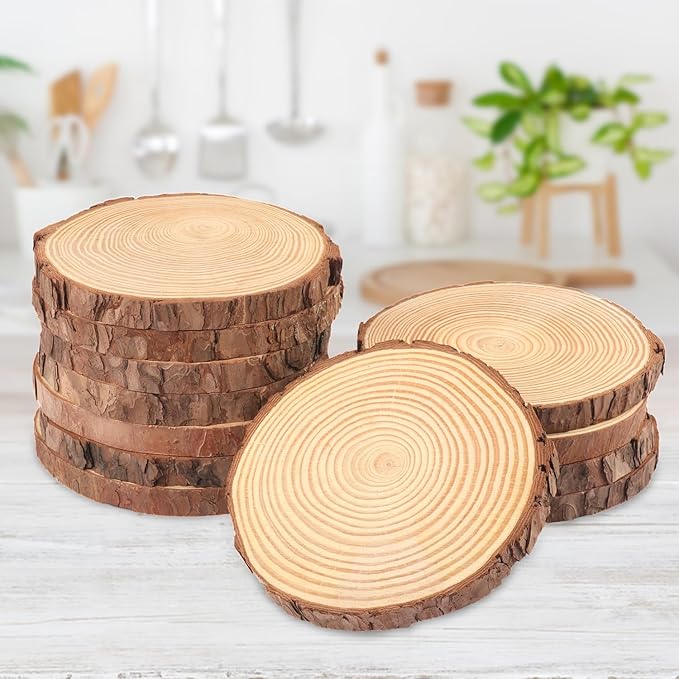 12 PCS 5.5-6.3 Inch Natural Wood Slices, Unfinished Pine Wood Circles with Barks for Coasters, DIY Crafts, Christmas Rustic Wedding Ornaments and Centerpieces,by GNIEMCKIN