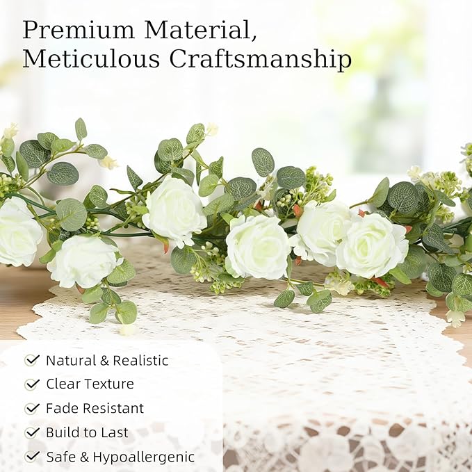 Lewondr Artificial Eucalyptus Garland with Flower, 2Pack 13FT Faux Floral Greenery Garlands Fake Flowers Vines, Maintenance-Free for Wedding Table Backdrop Party Centerpiece Room Decor, White