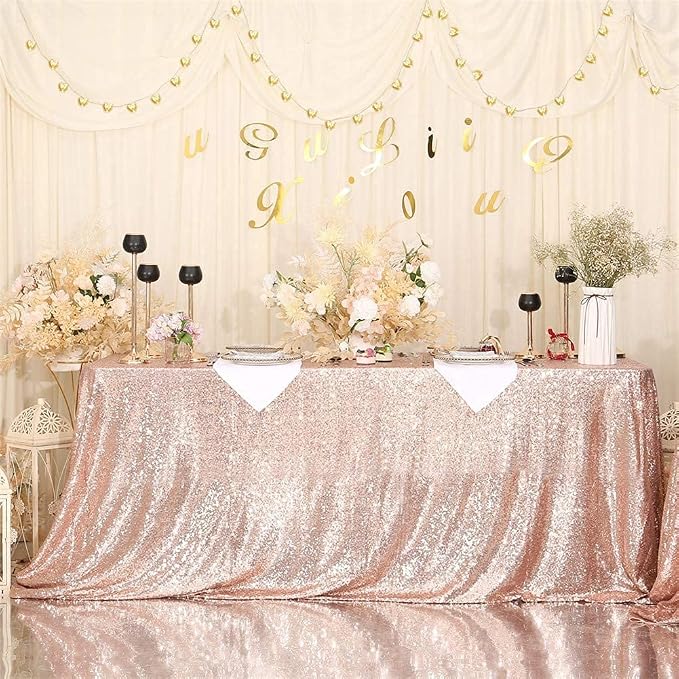 Eternal Beauty Rose Gold Tablecloth, 90x156 Inch Sequin Rectangle Table Cover for Valentines Cake Dessert Exhibition Party Birthday Events