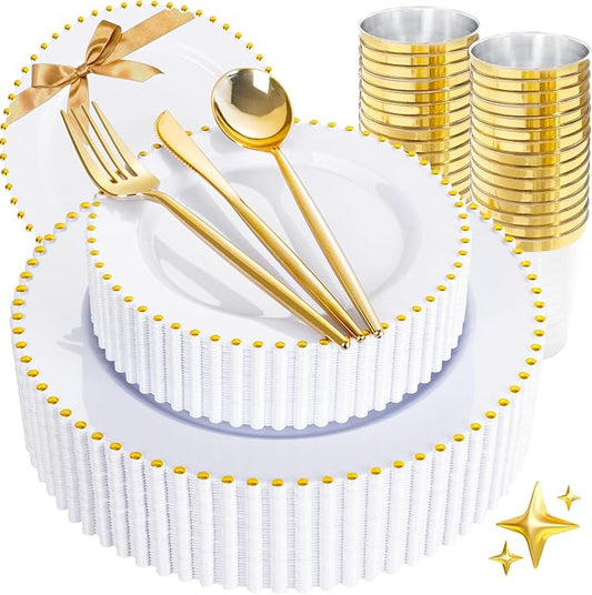 supernal 180Pcs White and Gold Dinnerware Set,Premium Heavy Duty White Plastic Plates with Gold Beads,White Disposable Plates with Plastic Silverware and 10oz Cups for Wedding/Party/Valentine's Day