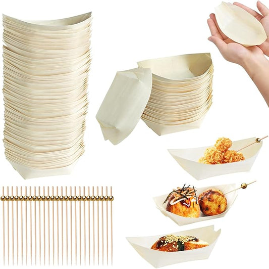 1000 PCS Disposable Boat Food Trays with Cocktail Picks, 4 Inch Wooden Disposable Plates, Wood Boat Plates Dishes, Small Appetizer Food Boat, Sushi Serving Tray for Food Catering Party Picnic