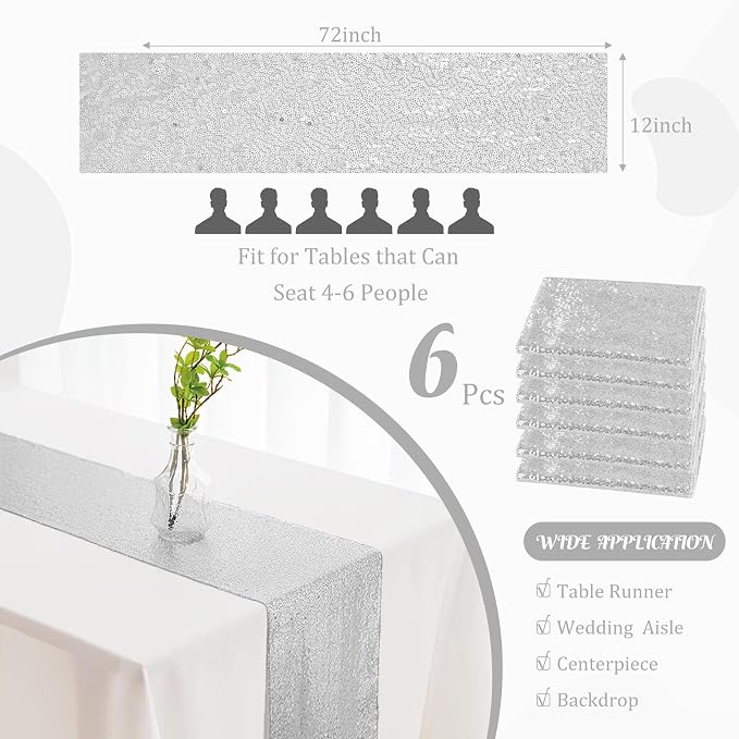6 Pack Silver Sequin Table Runner 12" x 72" Sparkle Table Runner for Baby Bridal Shower Wedding Birthday Party Table Decor (Silver)