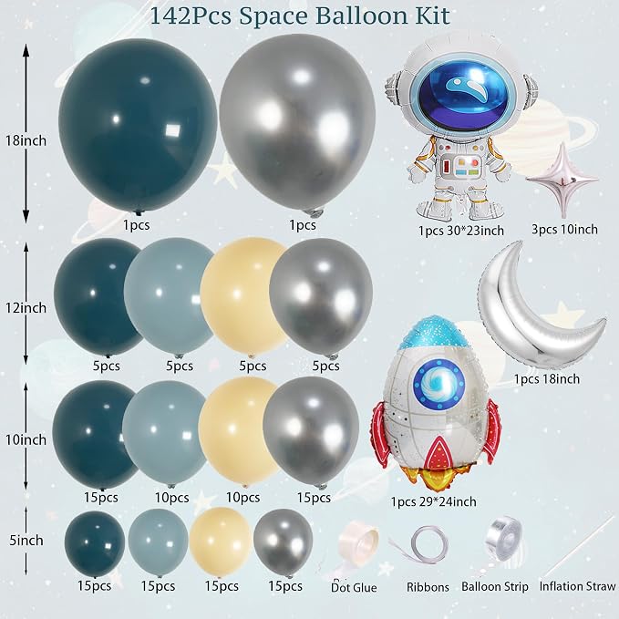 ECEAE 142Pcs Space Balloon Arch Garland Kit - Dusty Blue Nude Metallic Silver Color with Rocket Astronaut Moon Star Balloons for First Trip Around the Sun, Baby Boy Birthday Party Decorations