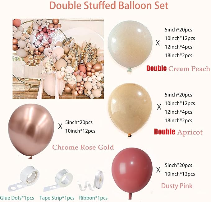 Boho Balloons Garland Arch Kit - Double Stuffed Dusty Rose Pink Rose Gold Cream Peach Apricot Latex Balloon Different Sizes 18 12 10 5In Neutral Ballon for Baby Shower Gender Reveal Party