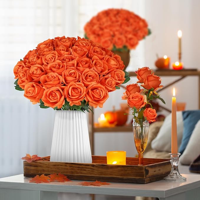 90pcs Roses Artificial Flowers Silk Orange Artificial Flowers Petals Long Stem Roses for Wedding Bouquet Home Party Decor