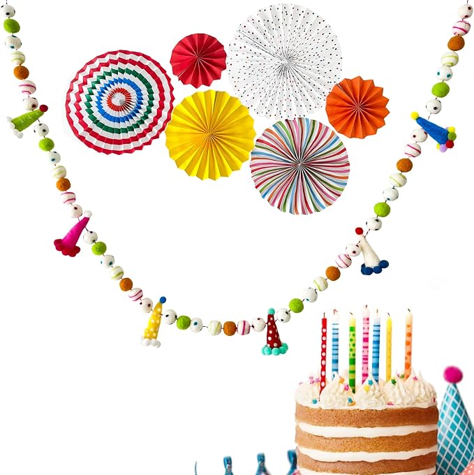 Pre-Strung Personalized Felt Ball Garland, Reusable Happy Birthday Banner, Rainbow Felt Garland, Colorful Birthday Decorations, Cute Party Hats for Birthday Holiday Party Home Wall Mantel Decor