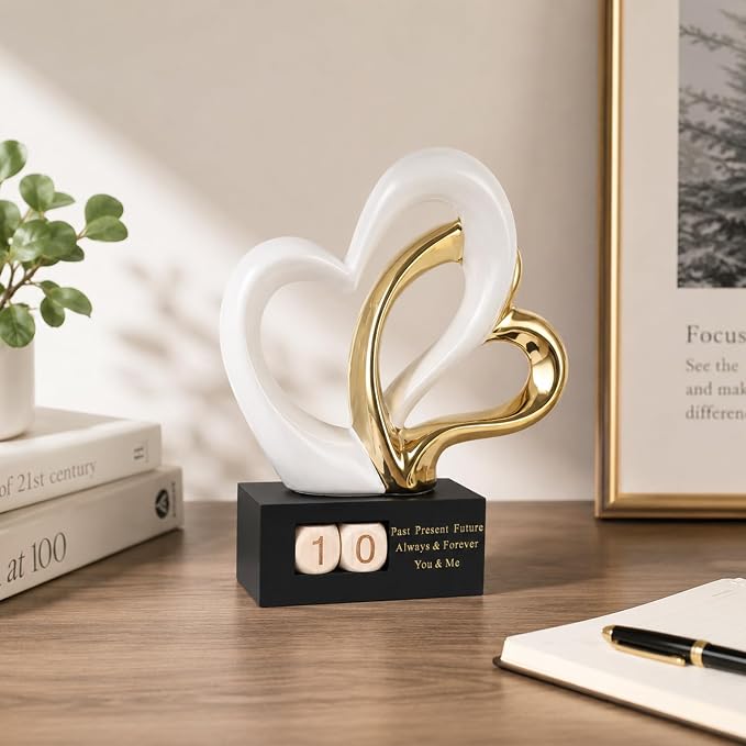 Ceramic Heart Sculpture with Date Blocks, White Gold Hearts Statue for Home Decor, Romantic Valentines Day & Wedding for Couple, Shelf Mantel Tabletop Display (White Gold)