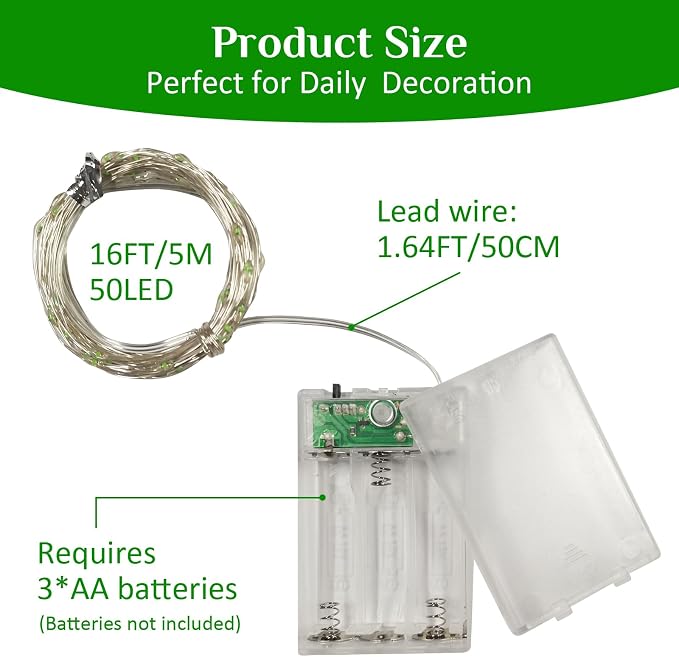 QITONG 4 Pack Fairy Lights Battery Operated, Each 16 ft 50 LED Green Mini String Lights, Sliver Wire Christmas Twinkle Lights Indoor