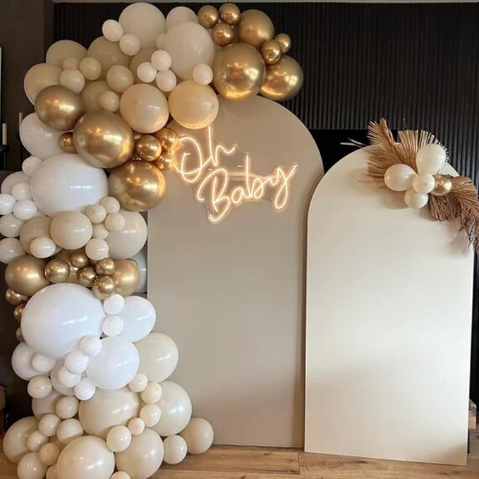 White Sand Gold Balloons Arch Double Stuffed, Cream Nude Beige Metallic Gold Balloons Garland, White Neutral Latex Balloon for Boho Baby Shower Birthday Anniversary Graduation Communion Party Decor