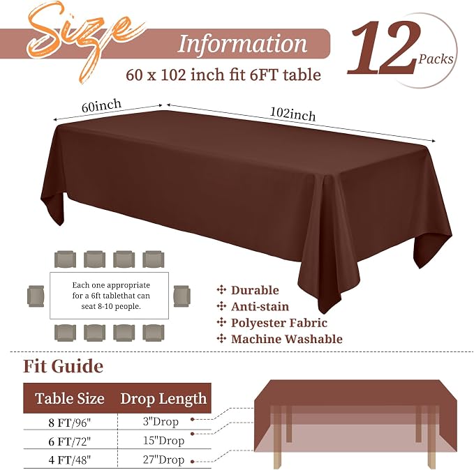 Showgeous 12 Pack Table Cloth Brown Tablecloth 60 x 102 Inch Table Clothes for 6 Foot Rectangle Tables, Wrinkle Resistant Washable Polyester Table Cover for Wedding Parties Banquet