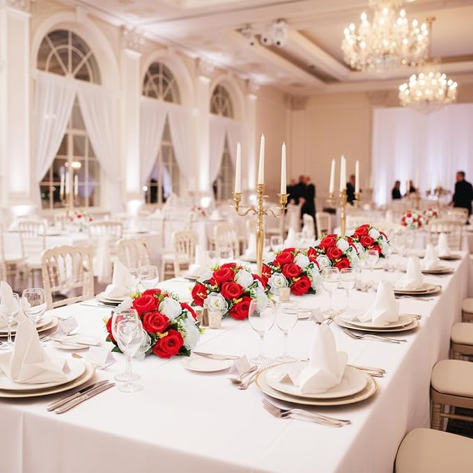 Artificial Flower Centerpieces for Tables: 6pcs of Rose Flower Balls, Flower Kissing Balls, Fake 15-head Plastic Flower Roses with Base for Birthday Party Christmas Home Wedding Decor (Red White)