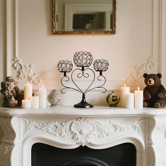 6 Pcs 3-Arm Heart Tea Light Candle Holder - Crystal & Metal Wedding Centerpiece Decor, Sparkling Table Decor for Anniversaries/Romantic Tabletop Home/Dinner Party/Events (6, Black)