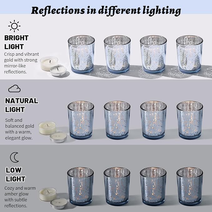 LETINE Blue Votive Candle Holders Set of 36 -Mercury Glass Candle Holders for Wedding & Baby Shower Decor - Ideal for Bridal Shower & Centerpieces for Tables