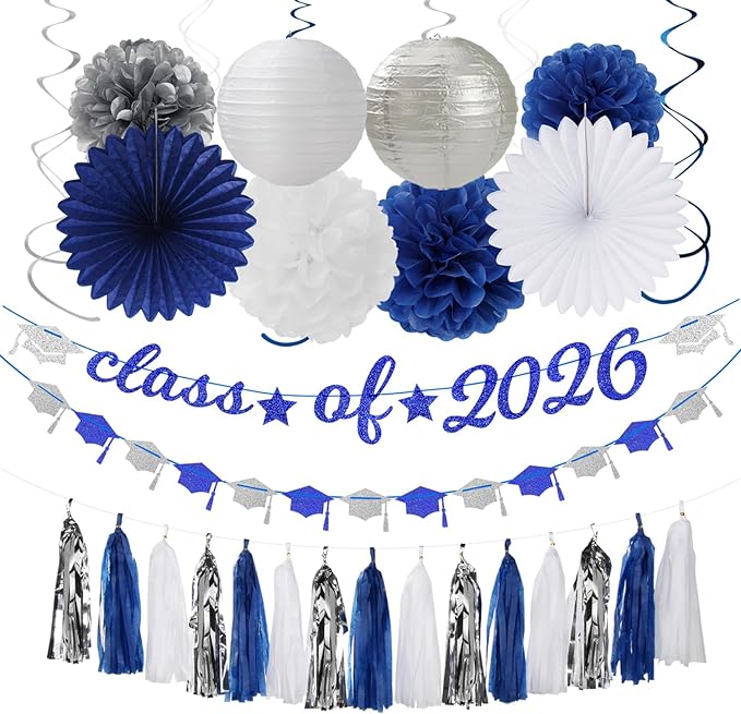 Navy-Blue White Silver Graduation Party-Decorations Garland - 31pcs Congrats Grad Class 2026 Banner,Hat Hanging Streamers,College High School Congratulations Master Classroom Backdrop Decor Burgleda
