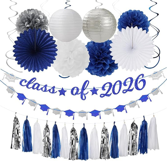 Navy-Blue White Silver Graduation Party-Decorations Garland - 31pcs Congrats Grad Class 2026 Banner,Hat Hanging Streamers,College High School Congratulations Master Classroom Backdrop Decor Burgleda
