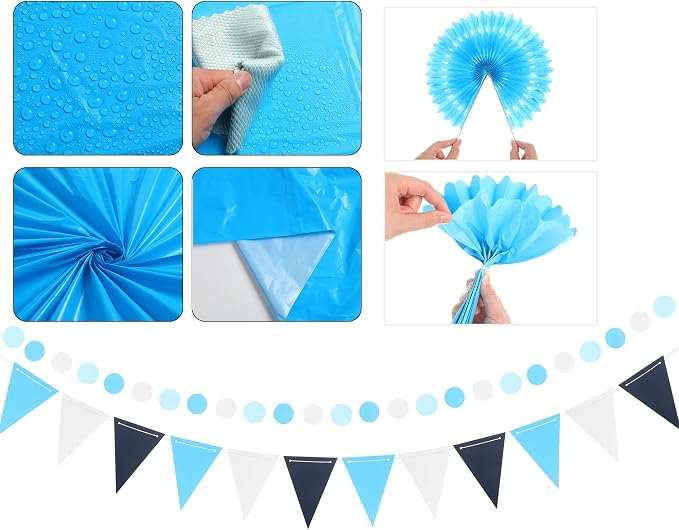 Fullhawl 27 Pcs Navy Blue Party Decoration, 6 Pcs Disposable Tablecloth 21 Pcs Hanging Paper Fans, Pom Poms Flowers, Garland String Polka Dot and Triangle Flag Set for Birthday, Wedding