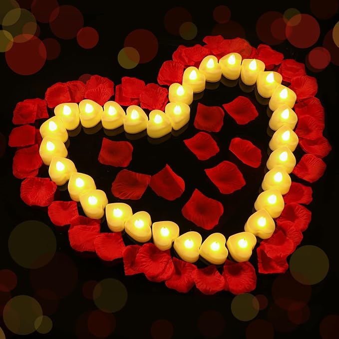 Coume 120 Pcs Romantic LED Heart-Shaped Candles with 6000 Rose Petals Set, Perfect for Weddings, Anniversaries, Home Decor, Date, Valentine’s Day, Battery-Operated, Reusable (Warm White Light)