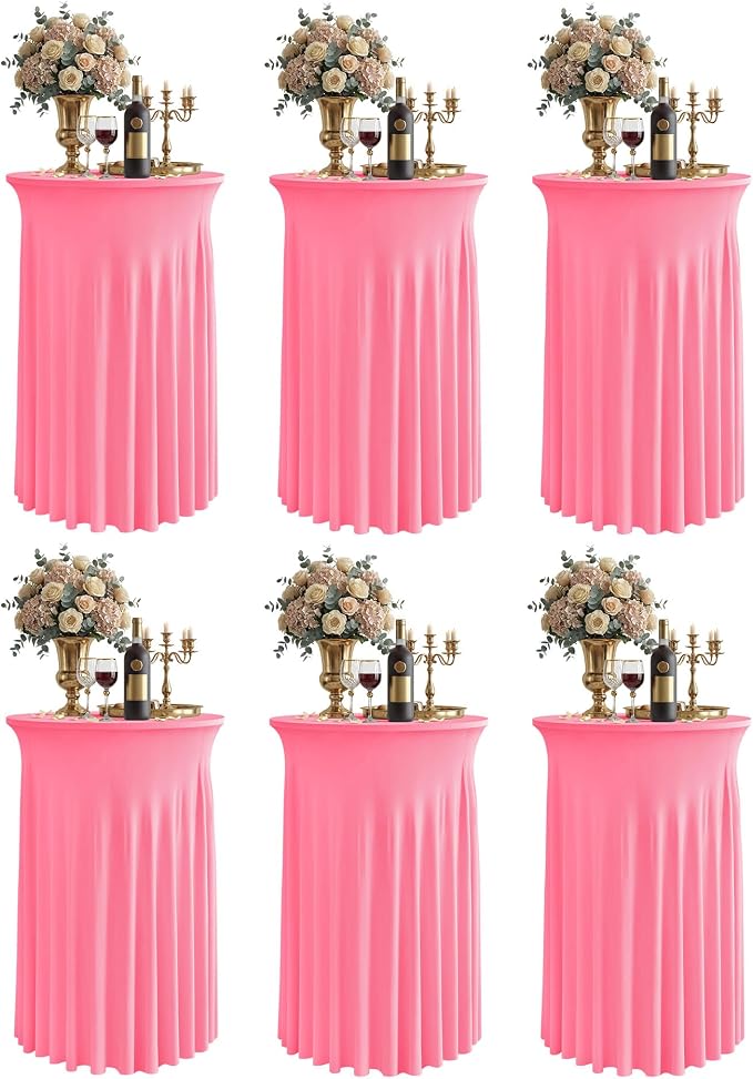 KeyWave Cocktail Table Tablecloth with Skirts - 24x43 Inch Wavy Spandex High Top Cocktail Table Covers, Ruffle Drape Highboy Tablecloth Reusable for Party Wedding Cake Standing Table, Pink, 6 Pack