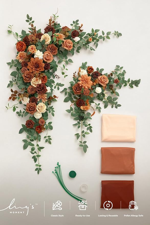 Ling's moment Wedding Arch Flowers with Drapes Kit-Pack of 5, 2pcs Flower Arrangements 3pcs Sheer Hanging Drapes Ceremony Arbor Backdrop Artificial Rose Floral Decor, Terracotta & Burnt Orange