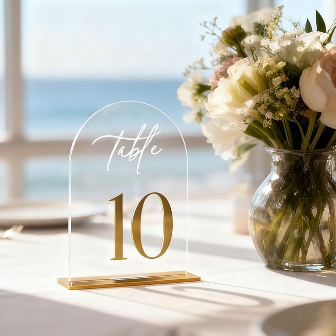 Clear Arch Acrylic Wedding Table Numbers 1-15 with Stands, 5.5"x7" Arched Acrylic Wedding Seating Chart Signs with Gold Mirror Numbers, Table Number Holders for Anniversary, Event, Party Wedding Set