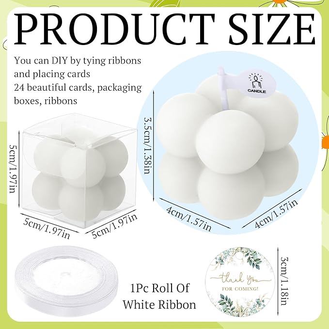 MTLEE 24 Sets Greenery Wedding Favors Party Candle Small Bubble Candle Favors for Guests Tea Candles Bulk with Stylish Ribbons Cards Gifts for Bridal Shower(White, Leaves)