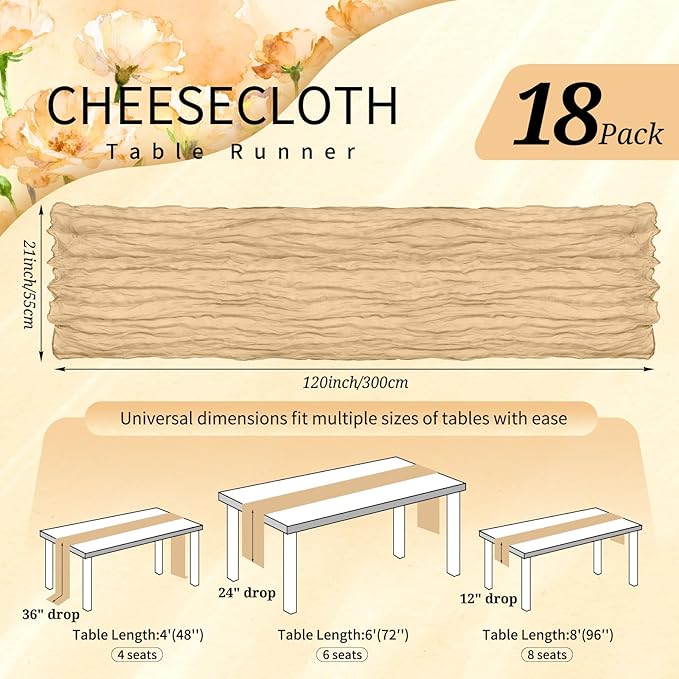 18 Pack Cheesecloth Table Runner 10FT Nude Table Runner Boho Gauze Cheese Cloth Table Runners Long Rustic Sheer Table Decorations for Wedding Party Baby Bridal Shower Birthday Holiday Home