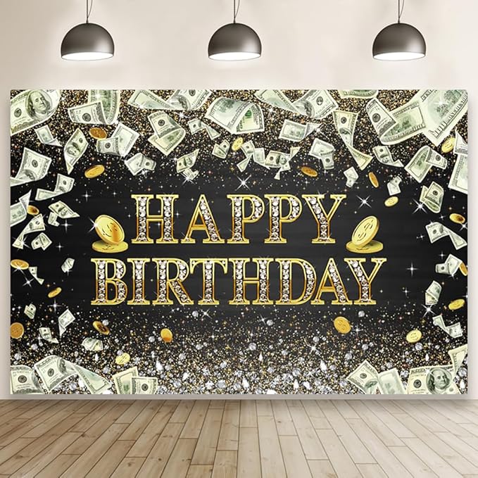 12x8ft Money Birthday Backdrop Dollar Bill Gold Coins Bday Party Background Supplies Money Happy Birthday Party Backdrop Black and Gold Banner Sparkle Glitter Diamonds Decor Gifts Photobooth