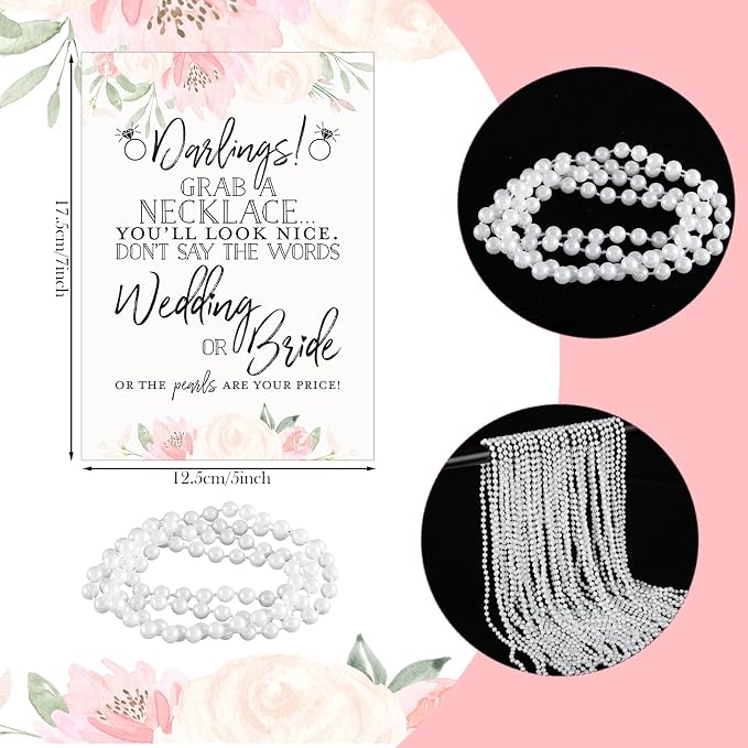 Kenning 51 Pcs Bridal Shower Games Supplies Don't Say Bride or Wedding Game with 50 White Faux Pearl Necklaces Boho Wedding Game Card for Engagement Bachelorette Party Supplies(Flower)