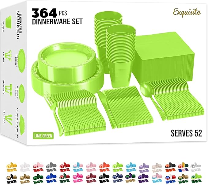 350 Pcs Lime Green Plastic Plates For Party, Lime Green Disposable Plates Set, 50 Of Each 9" Dinner Plate Set, 7" Dessert Plate, Cups, Napkins & Cutlery Plastic Dinnerware Set Exquisite
