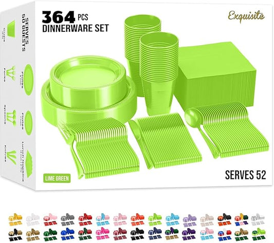 350 Pcs Lime Green Plastic Plates For Party, Lime Green Disposable Plates Set, 50 Of Each 9" Dinner Plate Set, 7" Dessert Plate, Cups, Napkins & Cutlery Plastic Dinnerware Set Exquisite