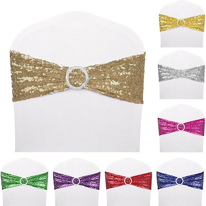 Dimatic 10 PCS Stretch Sequin Chair Sashes Chair Stretchy Spandex Bands for Wedding Reception Events Banquets Chairs Decoration (Champagne)