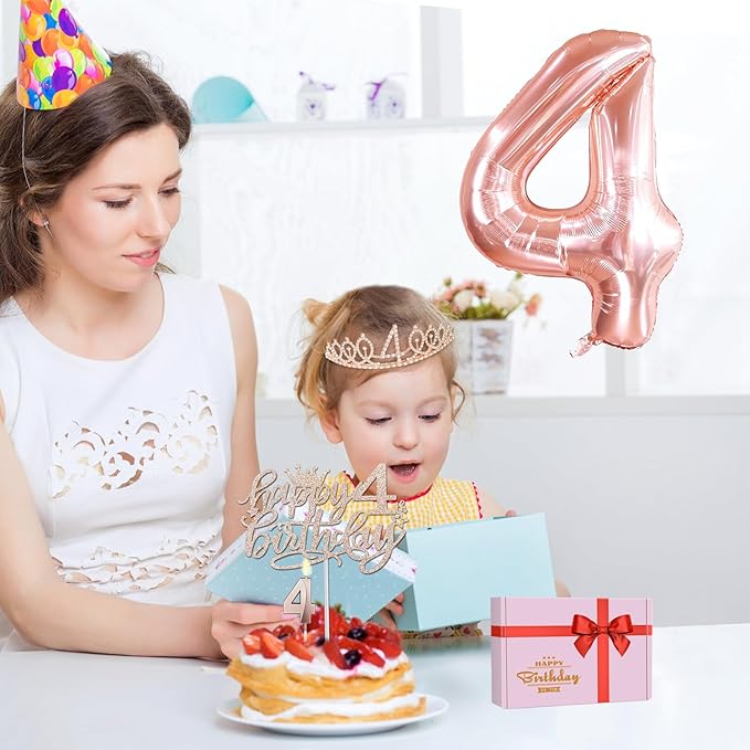 4th Birthday Decorations for Girls, Including 4th Birthday Sash and Tiara, Cake Topper and Candle, Number Balloon, 4 Year Old Gifts for Girls