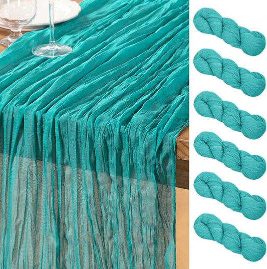 DeZerlor Teal Green Cheesecloth Table Runner 6 Pack Spring Easter Table Runners Boho Gauze 120 Inches Turquoise Cheese Cloth Table Decor for Wedding Bridal Baby Shower Parties