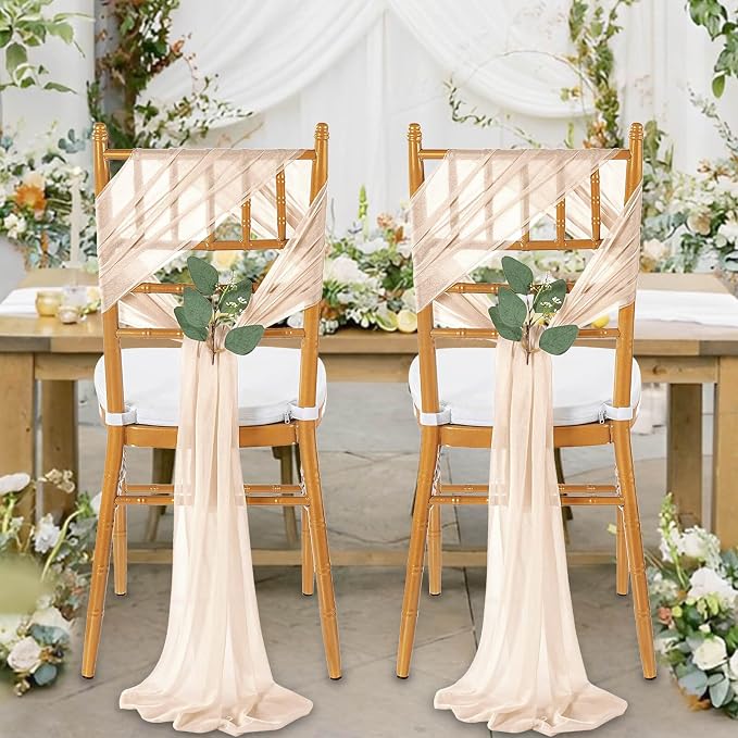 QueenDream Wedding Chair Sashes Aisle Decorations: 24 Pack Champagne Chair Cover 8FT Long Tulle Draping Fabric Reception Church