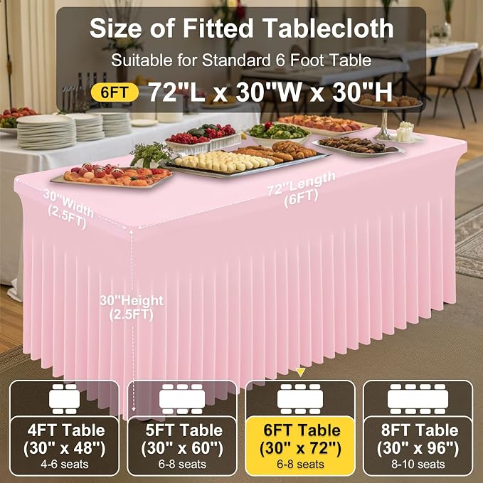 Smiry Spandex Tablecloth 2 Pack, Elastic Fitted Stretch Tablecloth for 6FT Rectangle Tables, Waterproof Washable Table Cover Skirt for Wedding, Banquet & Parties (Pink, 72Lx30Wx30H Inch)
