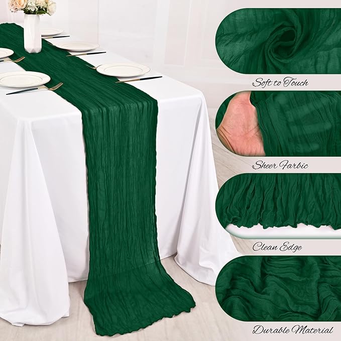 24 Pack Dark Green Cheesecloth Table Runner 10FT Boho Gauze Cheese Cloth Table Runner Rustic Sheer Fabric Table Runners for Wedding Bridal Shower Baby Shower Party(21.5×120 Inch)
