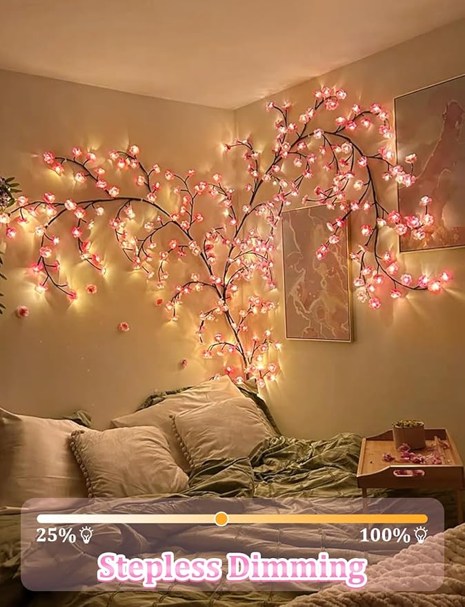 Cherry Blossom Lights for Bedroom Wall Decorations,4 FT 48 LED Cherry Blossom Decor,2026 New Dimmable Light-Up Pink Bedroom Decor with Remote Timer,8 Lighting Modes,Romantic Gifts for Her