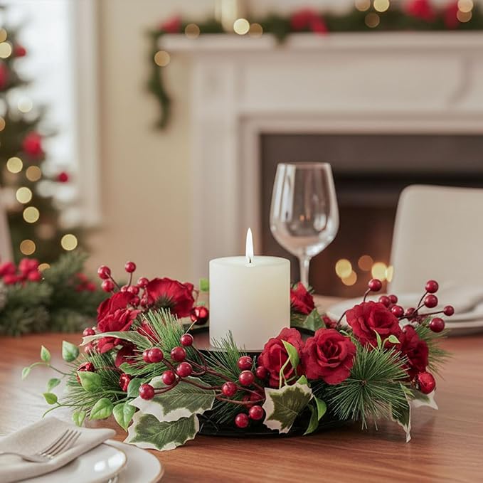 MOYEE Christmas Winter Centerpieces for Tables Candle Ring, Black Metal Candlestick with an Artificial Wreaths 14 in Versatile Dining Table Centerpiece Decor (Rose Wreath)