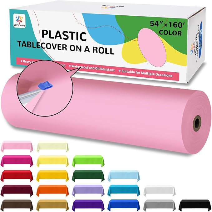 54IN X 160FT Plastic Table Cover Roll with Cutter Box, Cut to Size Plastic Table Cloths for Parties, Birthday, Disposable Tablecloth Roll for All Shape Tables (Pink, 54 Inch X 160 Feet)