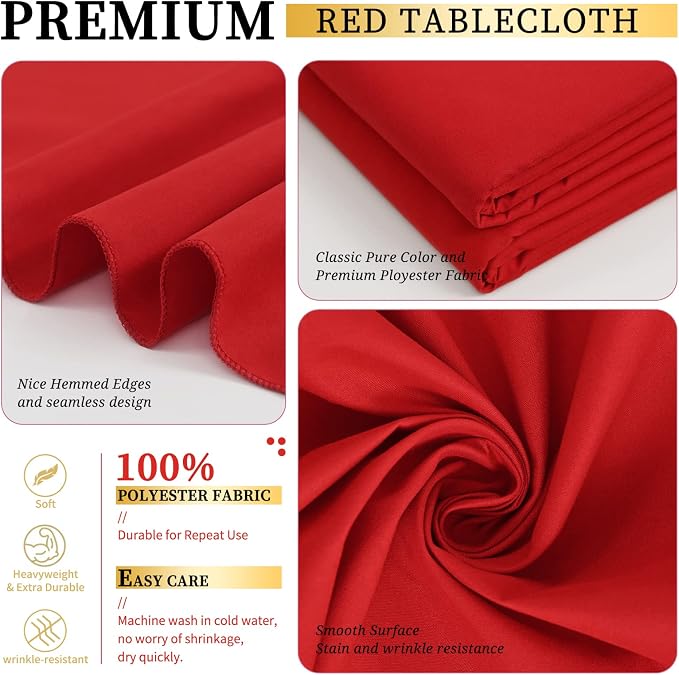 Showgeous 4 Pack Red Rectangle Tablecloth, 60 x 102 Inch, Wrinkle Resistant, Machine Washable Polyester Table Cover for Dining Table, Wedding, Parties