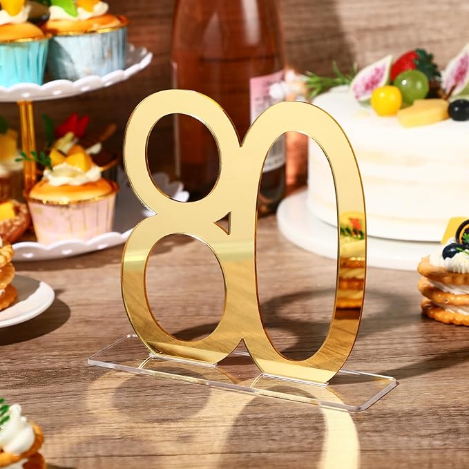 Threehoney 6 Pcs Mirror Gold 80th Birthday Decorations for Men and Women Acrylic Anniversary Decorations Table Numbers Centerpieces for Birthday Party