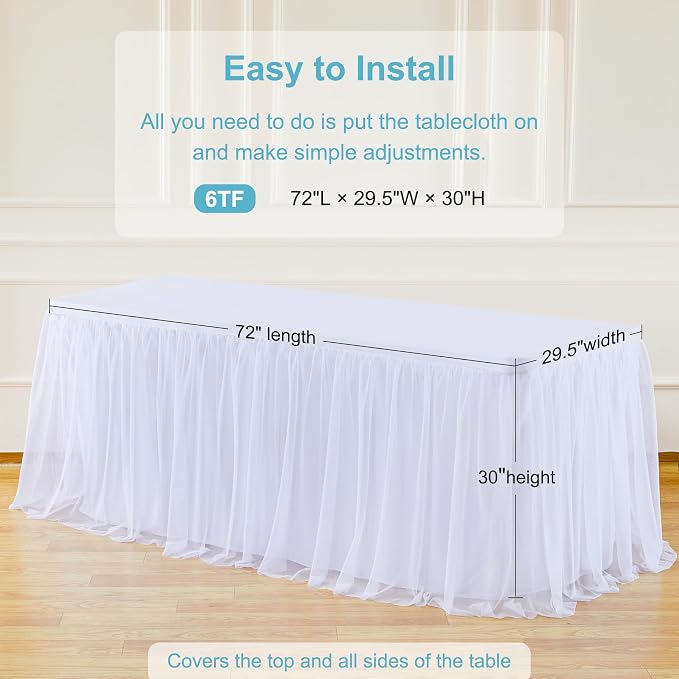 White Table Cloth Rectangle Table Covers for 6 Foot Tables, White Tulle Table Skirt Rectangle Table 6ft Stretch Tulle Tablecloth Skirt Fitted Elastic Banquet Party Wedding Table Cloth for 6 Foot Table