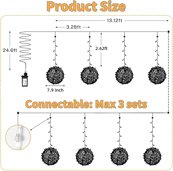 Outdoor Christmas Balls Lights 4 Pack Hanging 7.1" LED Garden Sphere Tree Lights 8 Modes Waterproof Glow Globe Lights with Memory Timer Plug for Party Yard Porch Eave Patio Xmas Decorations-Warm White