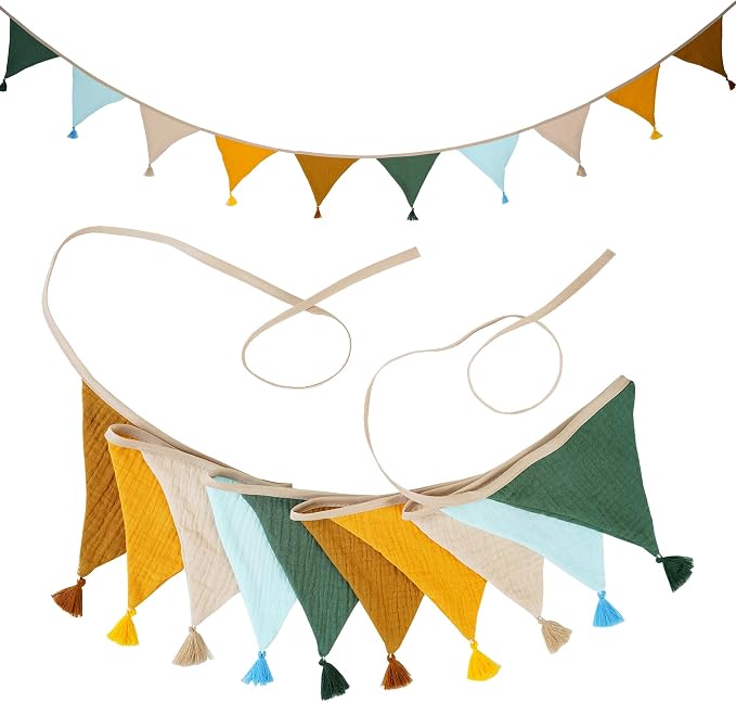 Fabric Bunting Banner, 2 Pack Handmade Neutral String Banner with Tassel Each 8.5 ft 10 Flags Nursery Wall Hanging Wedding Birthday Home Baby Shower Party Decoration Bunting