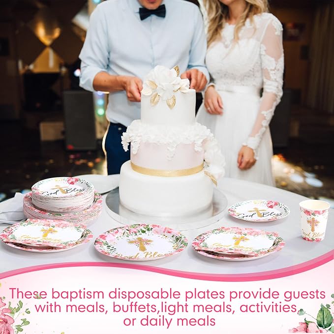 Pickmesh 250 Pcs Pink Baptism Cross Disposable Tableware Set Confirmation Baptism Disposable Paper Plates Napkins Cups for First Holy Communion Christening Baby Shower Girl Religious Supplies Serve 50