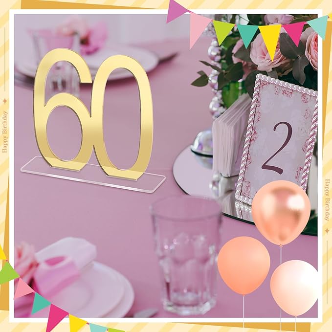 Threehoney 6 Pcs Mirror Gold 60th Birthday Decorations for Men and Women Acrylic Anniversary Decorations Table Numbers Centerpieces for Birthday Party