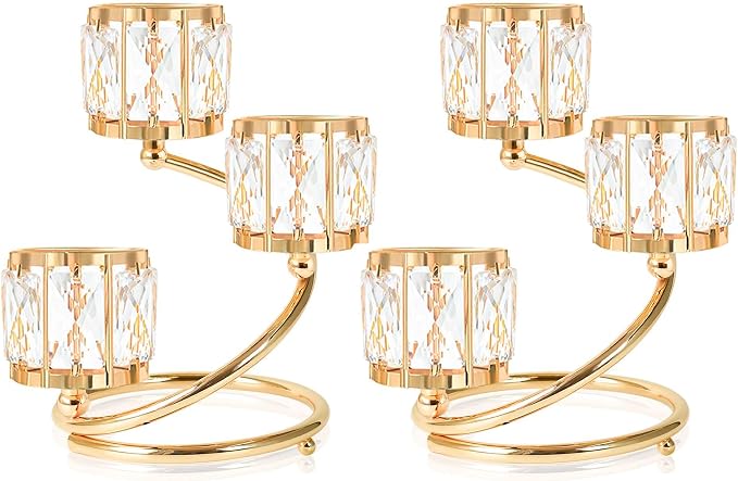 Metal 3 Arm Crystal Candle Holder - Tea Light Centerpiece Candle Holder, Votive Holder with Sparkling Crystal Bowl, Suitable for Wedding, Table Centerpiece, Home Decor (2, 3 arm-Gold)