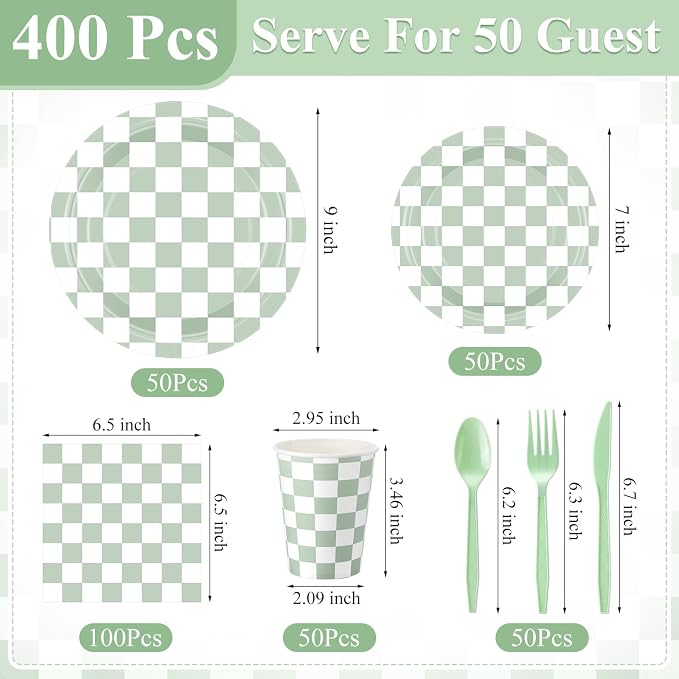Pickmesh 400 Pcs Sage Green and White Checkered Party Decorations Set Light Green Gingham Disposable Paper Plates Napkins Cups Cutlery Plaid Party Decorations for Baby Shower Wedding Birthday Serve 50